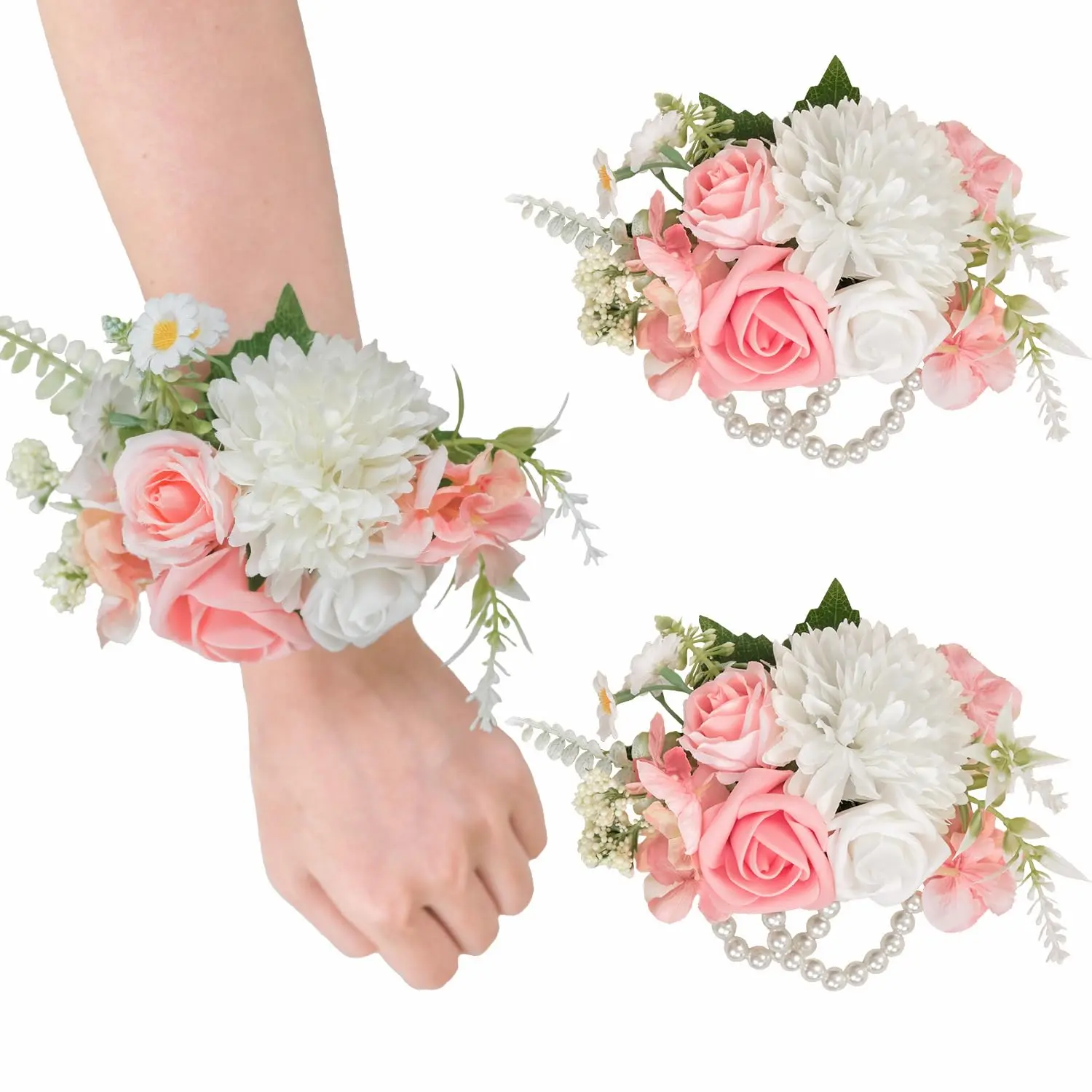 Set Of 2 Peach Pink Wrist Corsage Bracelets Wristlet Band Bridesmaid Bracelet For Wedding Ceremony Bridal Shower Artificial Flower Prom