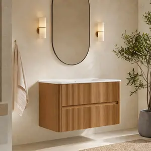 ARCH 36-Inch Wall-Mounted Floating Bathroom Vanity with Integrated White Ceramic Sink, 2-Drawer Plywood Storage Cabinet, Natural Woodgrain Finish, Modern Scandinavian Design, Pre-Assembled, No Faucet, for Bathroom Organization, Ceramic Material