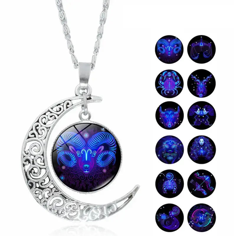 Cut-out crescent moon pendant necklace featuring a glow-in-the-dark glass cabochon with a zodiac sign; vintage silver-tone zodiac jewelry; an exquisite astrology-themed necklace suitable for daily wear, parties, or as a birthday gift.