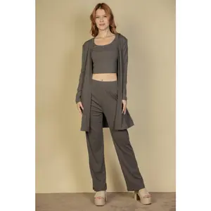 Flat Back Rib 3 Pieces Cami Top With Pants And Long Cardigan Set