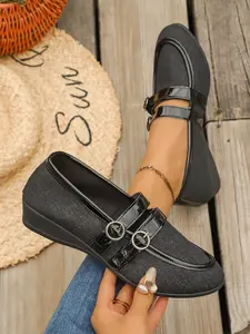 Women's Plus Size Round Toe Buckle Design Casual Outdoor Party Shoes, Breathable Hollow Out Flat Sole Comfort Fashion