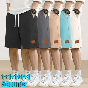 Men's Summer Waffle-Textured Casual Shorts 5-Pack Breathable Skin-Friendly Soft Comfortable Elastic Waist Drawstring Side Pockets Leather Tag Versatile Knee-Length for Home Beach Commuting Workouts - Outdoor, Menswear