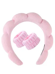 3-Piece Spa Headband and Wristband Set, Soft Velvet Fluffy Puffy Sponge Makeup Headband for Facial Cleansing and Skincare, Headbands Women