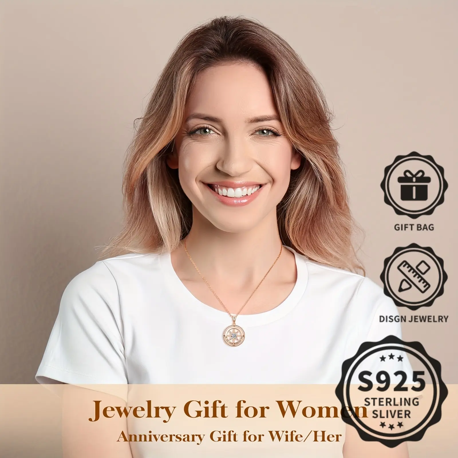 925 Sterling Silver Pendant Necklace, Compass Hexagonal Star Design, Inlaid with Shiny Synthetic Zircon Oxide, Hypoallergenic, Suitable for Daily Wear, Vacation and Holiday Perfect Gift