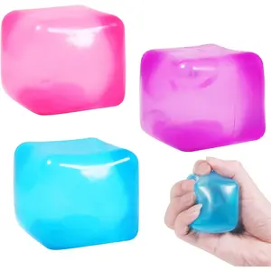 Colorful Boxed Ice Cube-Shape Soft Plastic Stress-Relief Squishies Toys for Adults, Pumice Scouring Pad Cleaner Stones, Microfiber Cloth Squeegees (Pink, Purple, Blue, Yellow)