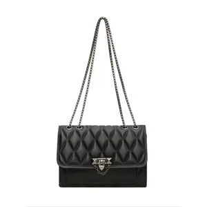 Black Quilted Chain Crossbody Bag for Women, Y2K Minimalist Flap Shoulder Bag, Trendy Aesthetic Small Square Purse, Elegant Everyday Handbag