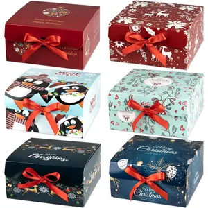 Christmas  Boxes with , 6 Pack  Box and Red Ribbon Christmas Themed  Small  Boxes for Xmas Presents Gifts Easy Assemble