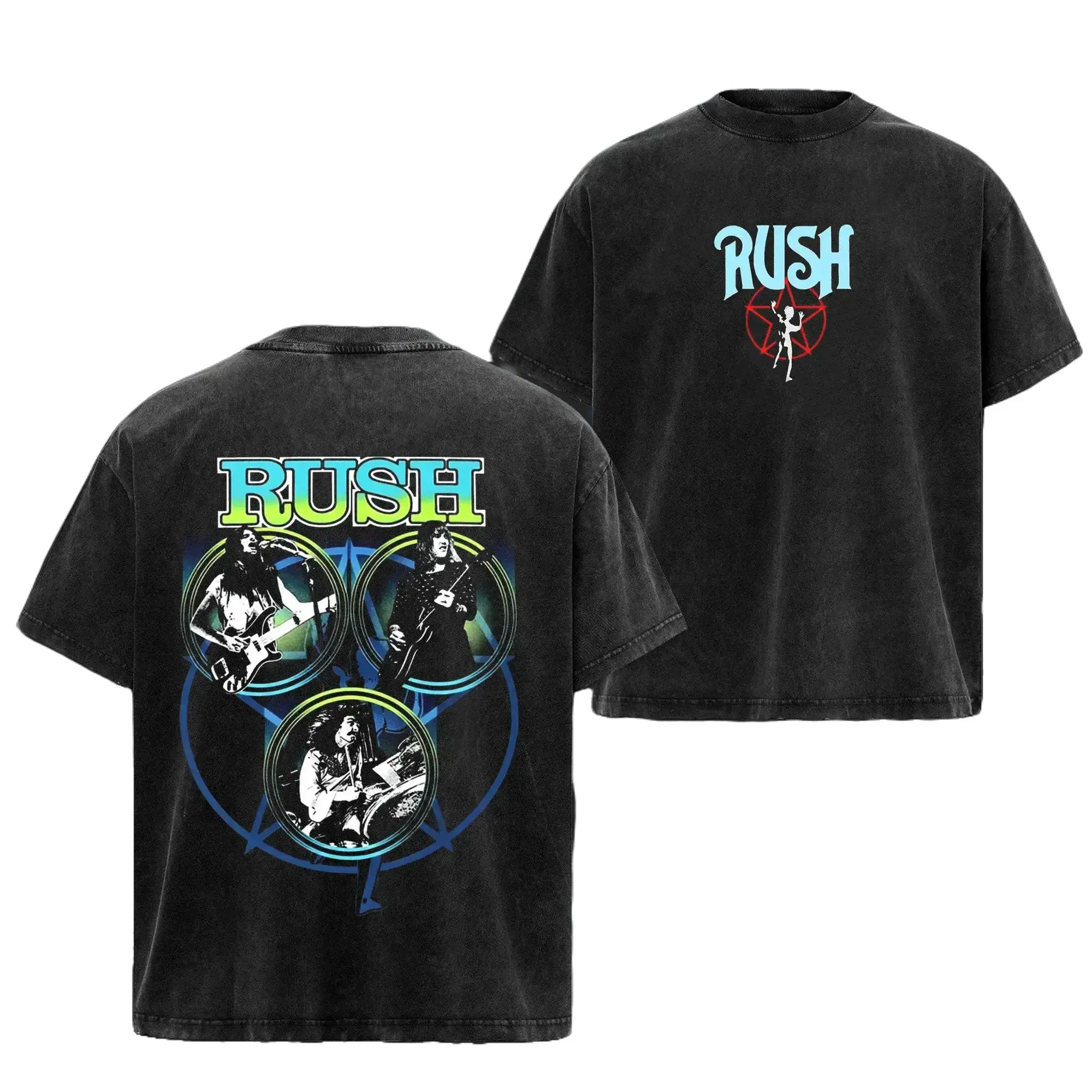 [HM] Menswear Oversized Short-Sleeve Soft Cotton T-Shirt - Vintage Washed Rush Band Print, Starman Pentagram Front, Band Member Photo Back, Retro Gradient Font, Progressive Rock Concert Graphic, Couple Gift Top for Classic Rock Lovers, Aesthetic, Shortsle