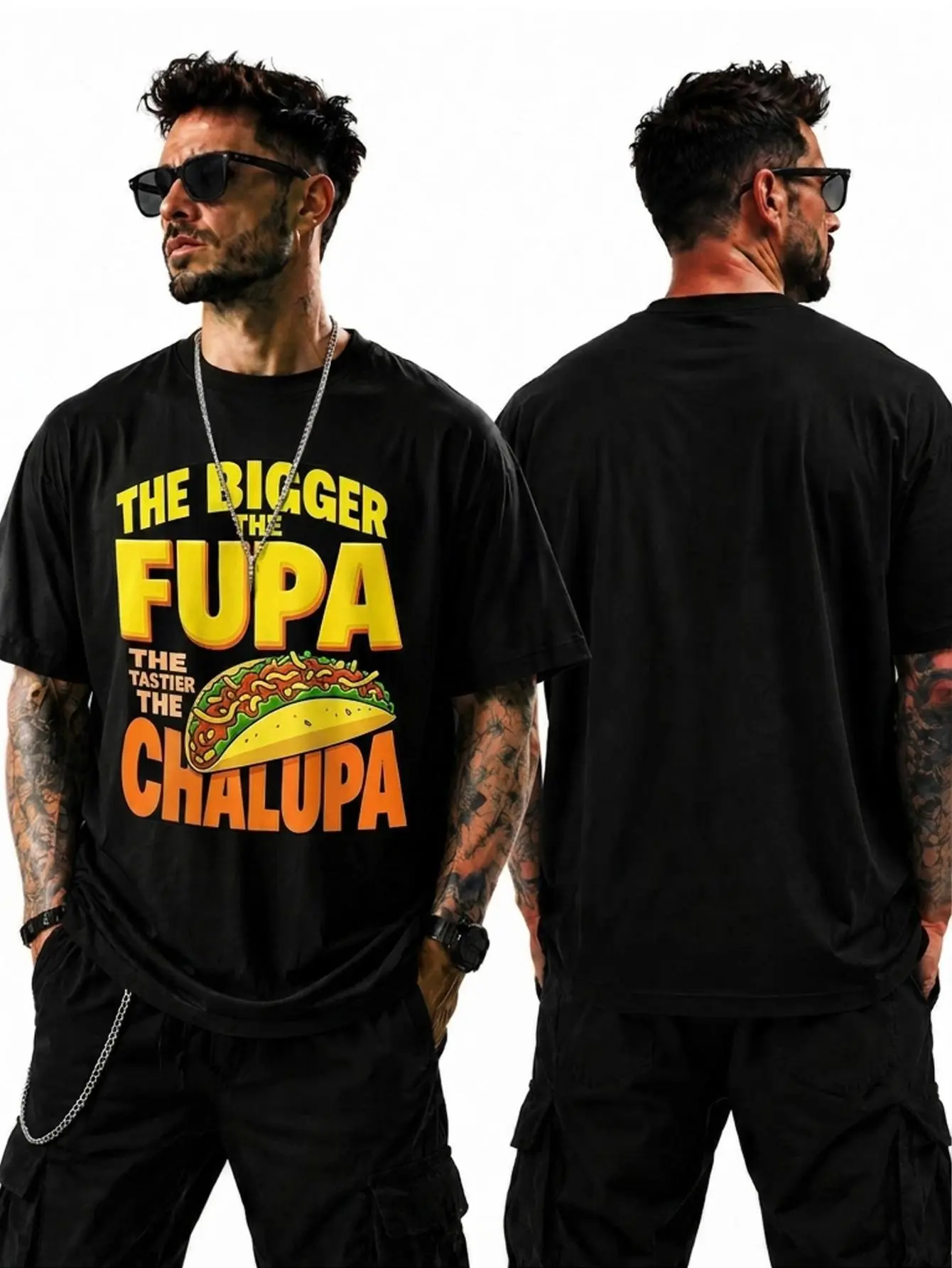Men'S Short Sleeve Summer Casual 'THE BIGGER THE FUPA THE TASTIER THE CHAL' Print Pattern Round Neck Black T-Shirt Comfortable