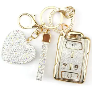 Key Fob Cover with Diamond Keychain Compatible with Chevy Car Key Holder Compatible with Chevrolet 2014-2021 GMC Sierra Canyon Yukon Suburban Tahoe Silverado Colorado, 4 Buttons (White-Heart)
