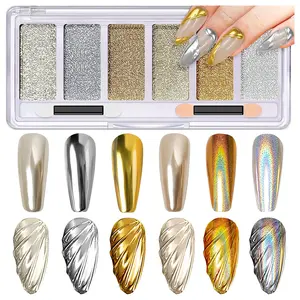 Six-color nail powder set, sponge applicator, ultra-fine powder gel polishing technology, suitable for DIY nail art decoration, suitable for French manicure, gradient design, cat-eye pattern and chrome color series, long-lasting and durable