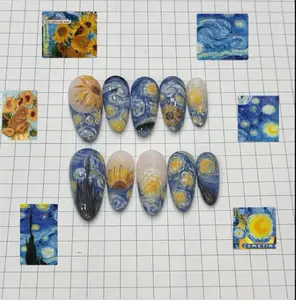 Van Gogh–inspired nails blending *Starry Night* and *Sunflowers* — swirling blue skies, golden sunbursts, and textured brushstroke effects capturing the artist’s dreamy impressionist aesthetic