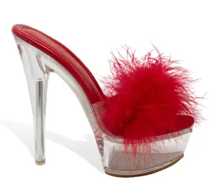Chase+Chloe Women’s clear Platform Fluffy Stiletto Heel Sandals