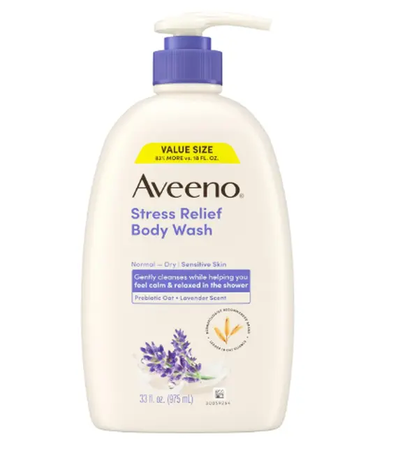 Aveeno Stress Relief Body Wash, Lavender Scent with Nourishing Prebiotic Oat, Sensitive Skin Body Wash for Normal to Dry Skin, Paraben-, Dye-, and Soap-Free, Value Size 33 Fl Oz