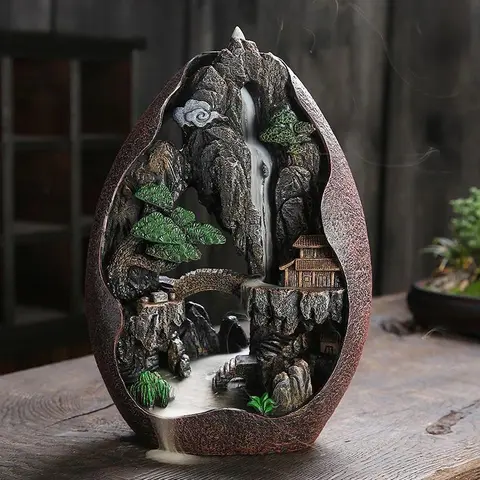 Landscape Waterfall Design Incense Burner, 1 Count Creative Resin Backflow Incense Burner Ornament, Incense Holder, Incense Dish, Desk Decoration, Home Decor Censer, Tea Pet without Incense, Centerpiece, Fragrance Incense