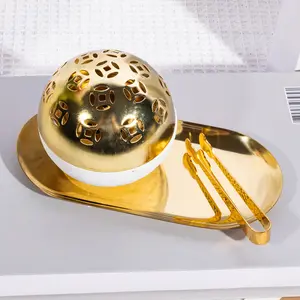 Prosperity Copper Coin Ball Incense Burner, Luxurious Gold Silver Ceramic Incense Holder with Tray Tool Set, Home Fragrances Home Wedding Party Table Decor