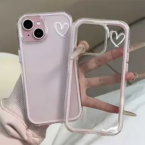 Simple White Line Art Colorful Heart 2-in-1 Transparent Soft Phone Case, Full Coverage Shockproof Protective Cover for iPhone 11 12 13 14 15 16 17 Pro Max 14 Plus 15 Plus 16 Plus