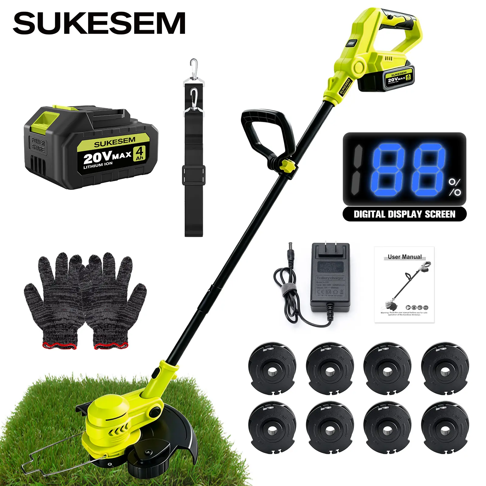 SUKESEM 3-in-1 20V Cordless String Trimmer - 20V Brush Cutter, Grass Cutter, Handheld Lawn Care Tool with Batteries, Steel Components, Digital Display, Auto Line Feed, 8 Bonus Spools, Edging, Weed Control for Home Gardens,Father's Day gift，toolupgrade