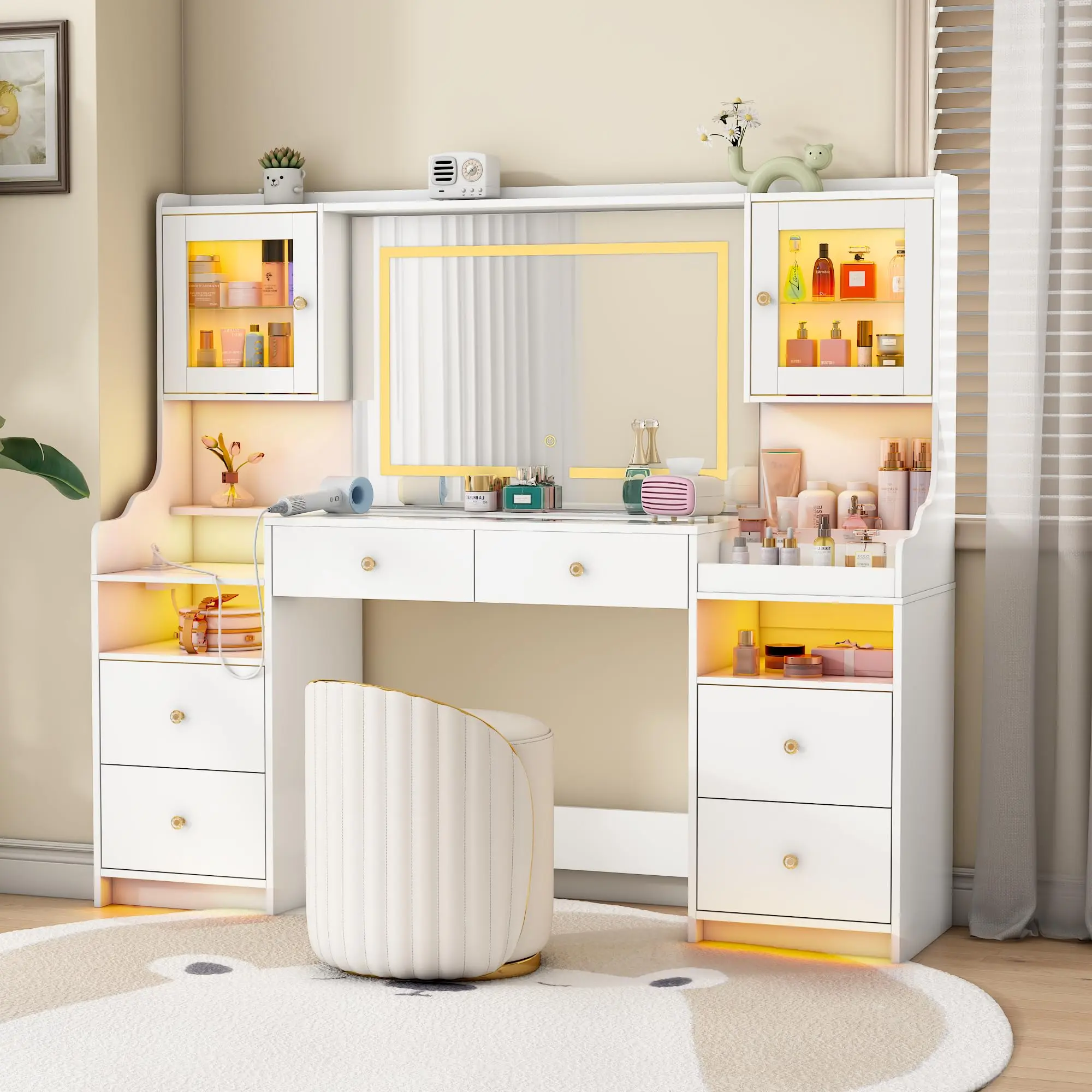 62" Large White Vanity Desk with Power Outlet, Makeup Vanity with Mirror and LED Lights, One Piece Controls 3 Lighting Modes, 4 Drawers Vanity with 2 Cabinets and Glass Top for Women, Girls