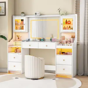 Unlimited 62" Large White Vanity Desk with Power Outlet, Makeup Vanity with Mirror and LED Lights, One Piece Controls 3 Lighting Modes, 4 Drawers Vanity with 2 Cabinets and Glass Top for Women, Girls