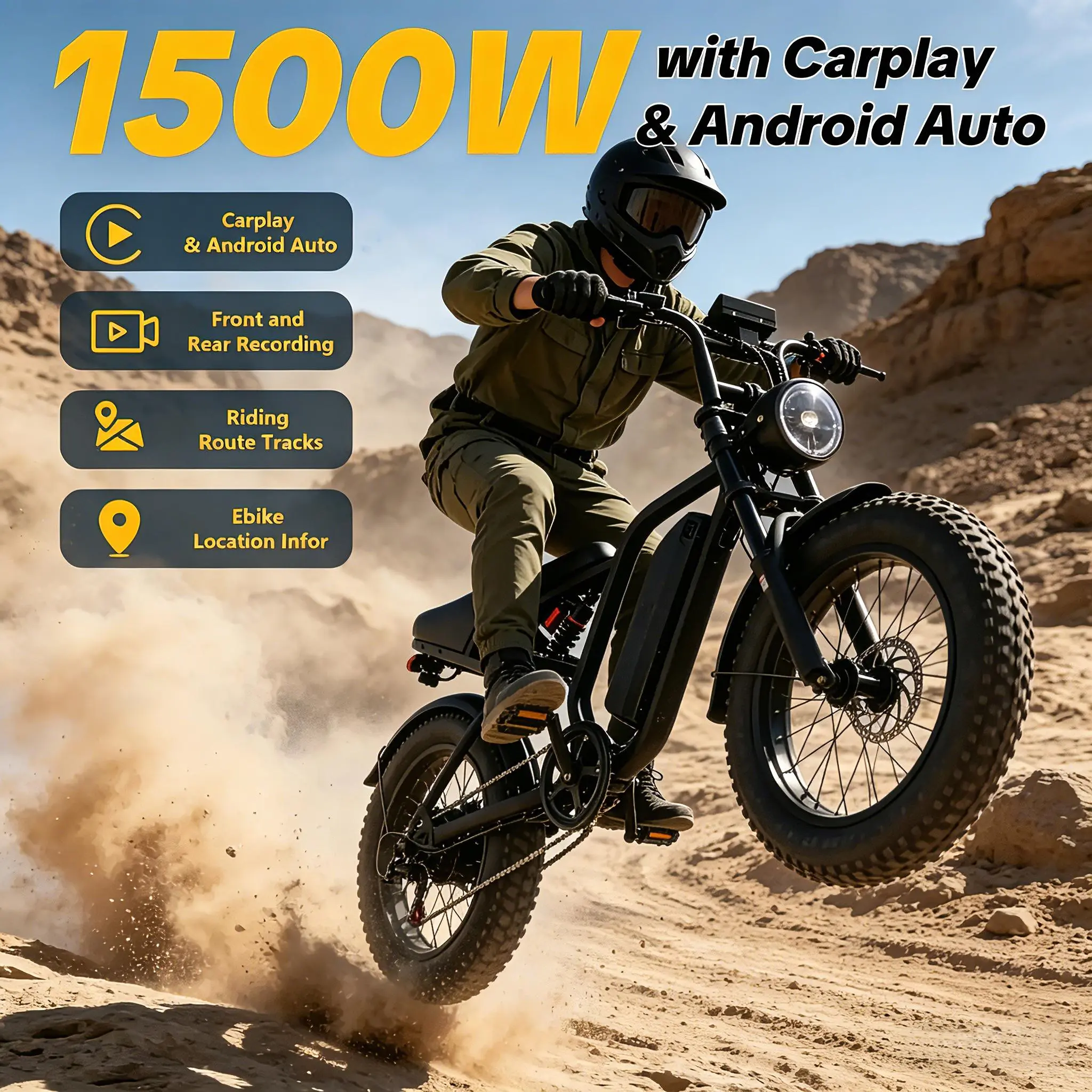 [Limited Deal] HiEHA 1500W Peak Motor Electric Bike - Fat Tire E-Bike with 34MPH Speed, 48V Long Range Battery, CarPlay, Android Auto, Dual Cameras, App Control, Designed for Adult Adventure Riders