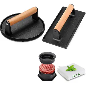 5pcs Smash Burger Press Kit, 3 in 1 Hamburger Press Patty Maker, Cast Iron Burger Press Round & Rectangle, 100pcs Wax Paper for Grill, Griddle, Flat top, Kitchen, Cooking