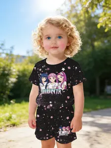 Summer gift set, Girls' infant and toddler suit with digital printing, 100% polyester infant short-sleeve set, casual clothing for baby girls, suitable for daily and outdoor sports, a gift for infants and toddlers