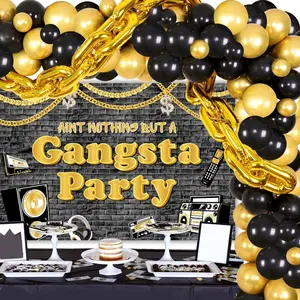 1Set 90s Birthday Party Decors Aint Nothing But A Gangsta Party Backdrop 80s Throwback Balloon Garland Funny Hip Hop Rock Birthday Decor Bright Gold Balloons for Back to 90s Retro Bash