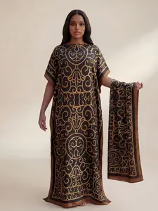 Fashion Sexy Geometric Print Long Robe and Shawl Dress Set, Beach Cover Up with Long Scarf Headband, Sun Protection Satin Silk for All Seasons
