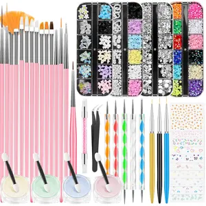 Nail Art Kit with Brushes Dotting Tool Chrome Powder Stickers Rhinestones Charms Gems for Beginners