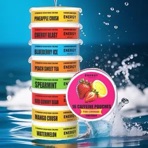 CAFFEINATED POUCHES 9JARS - Each Jar Contains 16 Pouches, 72mg Caffeine, Natural Lyvwel Flavored Energy Drink Beverage Strawberry