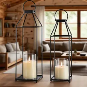 Black Metal LED Candle Lanterns for Indoor Outdoor Decor - 2PCS Set with No Glass - Decorative Hanging Lanterns for Porch, Living Room, Garden - Durable Weather-Resistant Design - Small & Large Sizes Included Ornaments