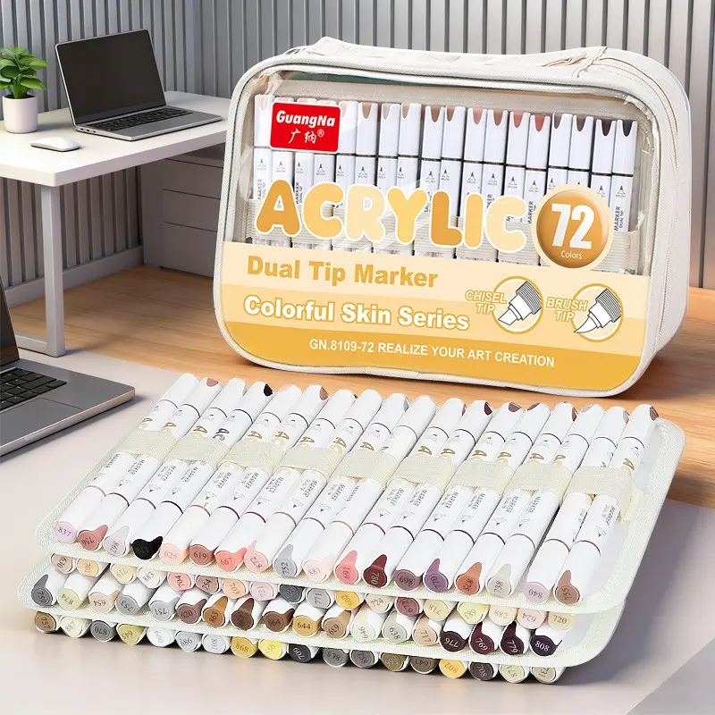 Guangna 72 Color Skin Tone Acrylic Markers Set, Art Marker Set, Soft Tip Fine Lines, Slanted Tip Efficient Coloring, Waterproof Scratch Resistant