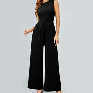 2025 Autumn Black Solid Color Sleeveless Round Neck Wide Leg Straight Waist Slim-Fit Jumpsuit for Women Can be used with raincoat