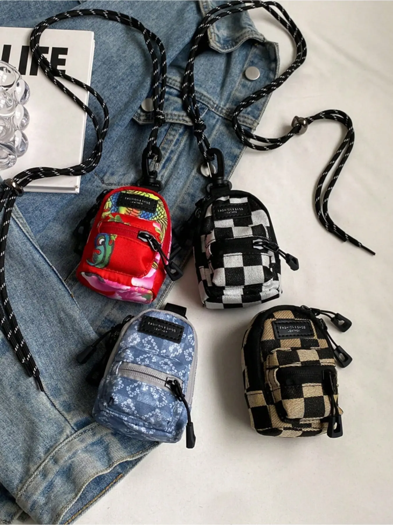 Mini Nylon Crossbody Bag, Sporty Style, Multi-Functional Key/earpod/wallet Pouch, Outdoor Fashion Accessory, Checkered, Unisex, Travel Gift