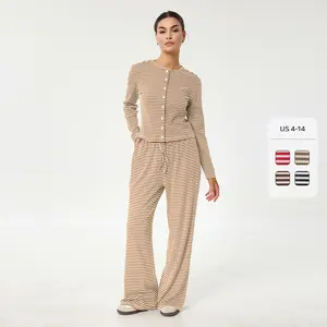 Women's Casual Stripe Button Long Sleeve Top & Drawstring Waist Wide Leg Trousers Co-ord, Cozy Two Piece Set for Lady Spring & Fall (CN)