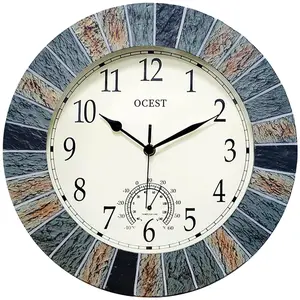 Clock 13 Inch Large Outdoor Indoor Clock, Waterproof Wall Clock with Thermometer, Weather-Resistant Non-Ticking Battery Operated Decor for Patio, Pool, Lanai, Fence, Porch, Garden（Brown）