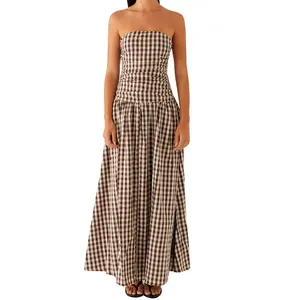 Women's Strapless Checkered Maxi Dress Ruched Bodice Flowy Long for Day Party Outfits Casual Summer Holiday Daily Looks Bodycon Boat Neck Bowknot Mini Tie Front Denim Halter Side Hollow Floral Print Strap Midi dress lady girl periwinkle spaghetti strap