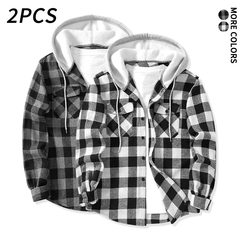 2 pcs men’s soft plaid hooded shirts (no short sleeves), can be paired with basic T shirts, sweatpants, and jeans, suitable for everyday commuting and home leisure in autumn. unisex casual sweatshirt