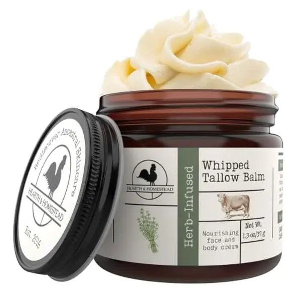 Hearth & Homestead Whipped Beef Tallow for Skin & Face, Unscented, 1.3oz 100% Grass Fed & Finished, Eczema Cream & Body Butter, Only Organic Ingredients, For Skin & Face