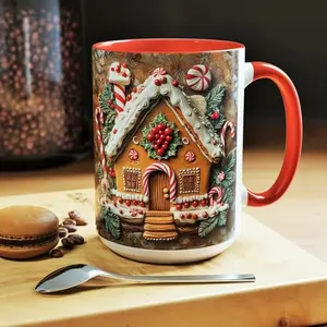 Gingerbread House Mug Christmas Coffee Cup with Holiday Ceramic Gingerbread Home Design 15oz