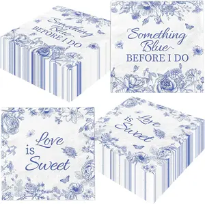 40-Pack Thick Floral Disposable Napkins, Degradable Blue & White Cocktail Napkins, Home & Party Disposable Tableware for Something Blue Themed Weddings