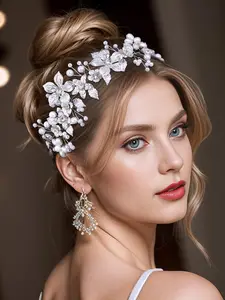 Faux Pearl & Rhinestone Decorated Headband, Elegant Leaf & Flower Design Headband for Wedding Bridal Party Formal Occasions, Fashion Accessories for Women, Tiara