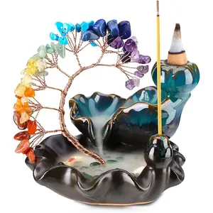 Backflow Incense Burner Ceramic Incense Waterfall 7 Chakras Crystal Tree Incense Holder Namaste Yoga Meditation and Home Decor