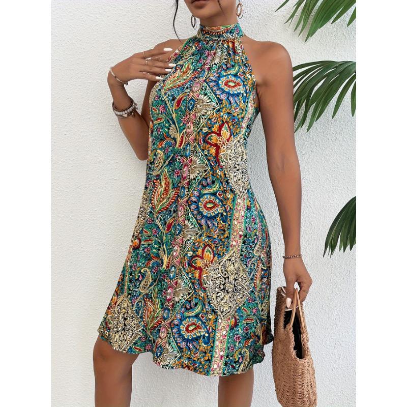 Floral Print Pleated Dress, Elegant Sleeveless Dress For Summer, Women's Clothing Loose Midi Flowery Backless Mini white  dress  girl shein body con summer  outfits prom chain decor Renaissance Lace-Up drop  waist  gown