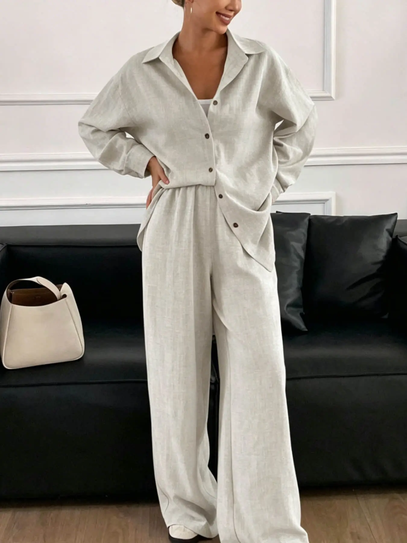 Two piece set of women's Casual, Oversize, Baggy, Loose plain textured long sleeved shirt+high waist wide leg pants set, suitable for all seasons, short trips, exploring stores, shopping, daily home, workplace, commuting, Womenswear