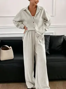 Two piece set of women's fashionable, high-end, relaxed, plain textured long sleeved shirt+high waist wide leg pants set, suitable for all seasons, suitable for short trips, exploring stores, shopping, daily home, workplace, commuting