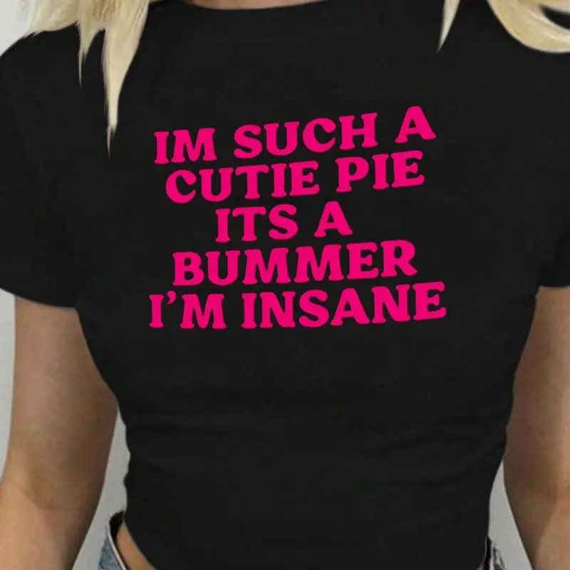 Women's Letter Print Short Sleeve Crew Neck Crop Tee, Casual Trendy Tee, Casual Cute Streetwear Style Round Neck Cropped T-shirt for Daily Wear, Summer, Ladies Clothes for All Seasons, Top, Casual Tee Shirts, Fit, Womenswear, Soft