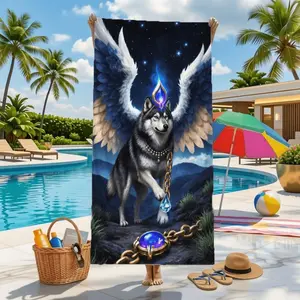 Fantasy Winged Husky Beach Towel with Angelic Wings, Purple Gem Accent, And Blue Crystal Pendant - Breathable, Quick-Dry, Soft, And Comfortable for Ultimate Beach Life Relaxation