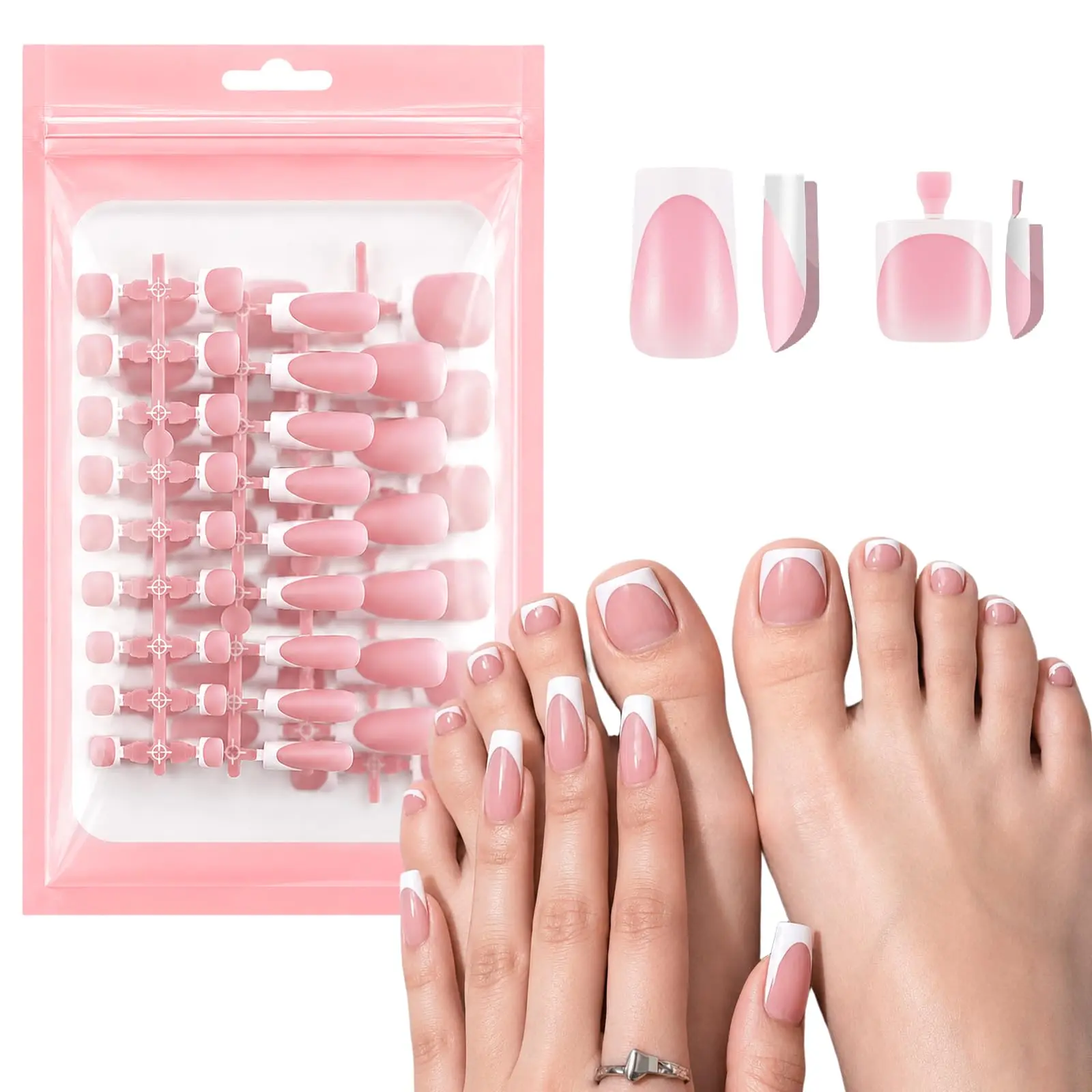 60Pcs White French Tip Press on Nails Toenails Set, Medium Square Pink French Fake Nail Short False Acrylic Toe Nail Press ons Full Cover Salon Nail Art French Manicure Kit for Women